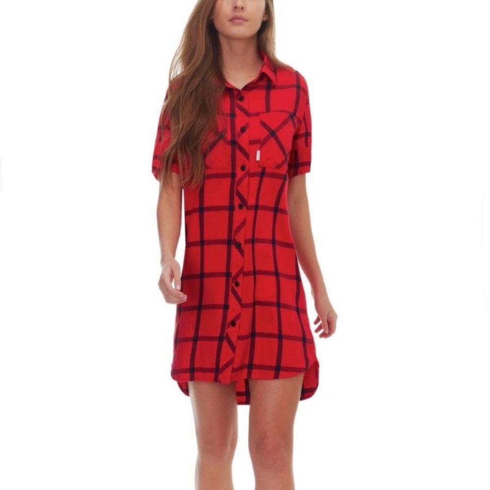 Topo Designs Red/Navy Plaid Shirt Dress